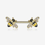 A Pair of Golden Adorable Bumble Bee Sparkle Nipple Barbell-Clear Gem