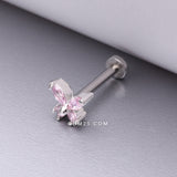 Detail View 1 of Butterfly Sparkle Prong Set Top Internally Threaded Steel Flat Back Stud Labret-Pink