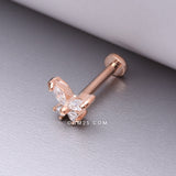 Detail View 1 of Rose Gold Butterfly Sparkle Prong Set Top Internally Threaded Steel Flat Back Stud Labret-Clear Gem