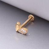 Detail View 1 of Golden Adorable Heart Sprout Sparkle Internally Threaded Steel Flat Back Stud Labret-Clear Gem