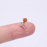 Detail View 2 of Rose Gold Holy Cross Sparkle Top Internally Threaded Steel Flat Back Stud Labret-Clear Gem