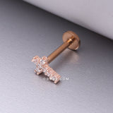 Detail View 1 of Rose Gold Holy Cross Sparkle Top Internally Threaded Steel Flat Back Stud Labret-Clear Gem