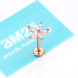 Detail View 3 of Rose Gold Marquise Flower Sparkle Top Internally Threaded Steel Flat Back Stud Labret-Clear Gem