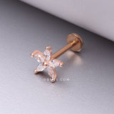 Detail View 1 of Rose Gold Marquise Flower Sparkle Top Internally Threaded Steel Flat Back Stud Labret-Clear Gem