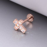 Detail View 1 of Rose Gold Grand Sparkle Cross Top Internally Threaded Steel Flat Back Stud Labret-Aurora Borealis