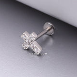Detail View 1 of Grand Sparkle Cross Top Internally Threaded Steel Flat Back Stud Labret-Clear Gem