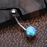 Detail View 2 of Fire Opal Prong Set Basic Steel Belly Button Ring-Blue Opal