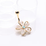 Detail View 2 of Golden Sparkle Frosted Flower Shimmer Belly Button Ring-Clear Gem