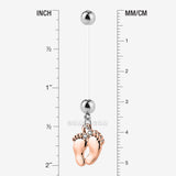 Detail View 1 of Rose Gold Baby Feet Sparkle Dangle Bio-Flex Pregnancy Belly Button Ring-Clear Gem
