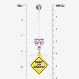 Detail View 1 of Heart Gem Sparkle Baby On Board Dangle Bio-Flex Pregnancy Belly Button Ring-Pink