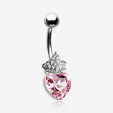 Crystal Heart Tiara Sparkle Belly Button Ring-Pink