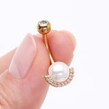 Detail View 3 of Golden Pearlescent Sparkle Crescent Rim Belly Button Ring-Clear Gem