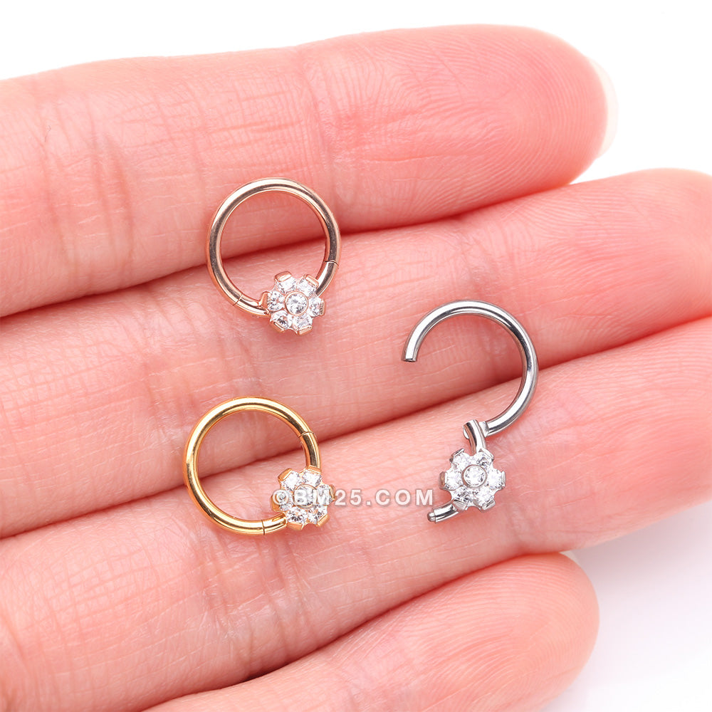 Detail View 3 of Implant Grade Titanium Brilliant Flower Sparkle Clicker Hoop Ring-Clear Gem