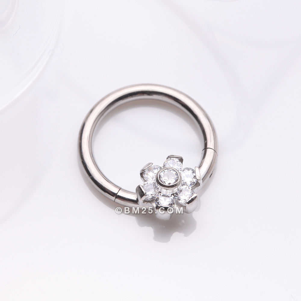 Detail View 1 of Implant Grade Titanium Brilliant Flower Sparkle Clicker Hoop Ring-Clear Gem
