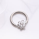 Detail View 1 of Implant Grade Titanium Brilliant Flower Sparkle Clicker Hoop Ring-Clear Gem