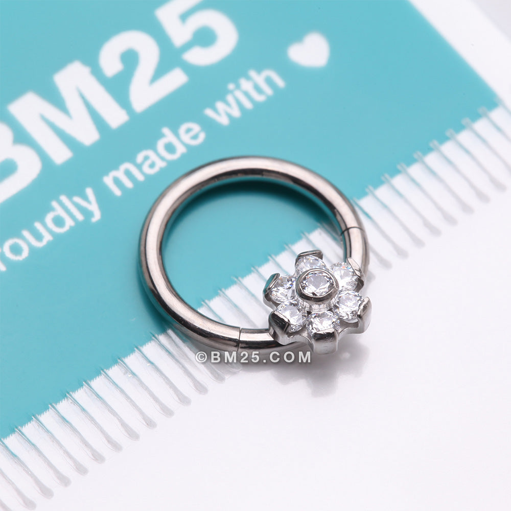 Detail View 4 of Implant Grade Titanium Brilliant Flower Sparkle Clicker Hoop Ring-Clear Gem