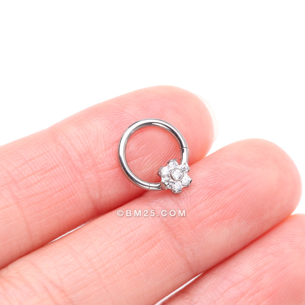 Detail View 2 of Implant Grade Titanium Brilliant Flower Sparkle Clicker Hoop Ring-Clear Gem