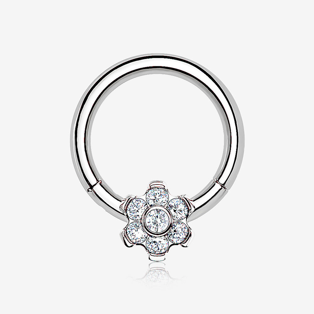 Implant Grade Titanium Brilliant Flower Sparkle Clicker Hoop Ring-Clear Gem