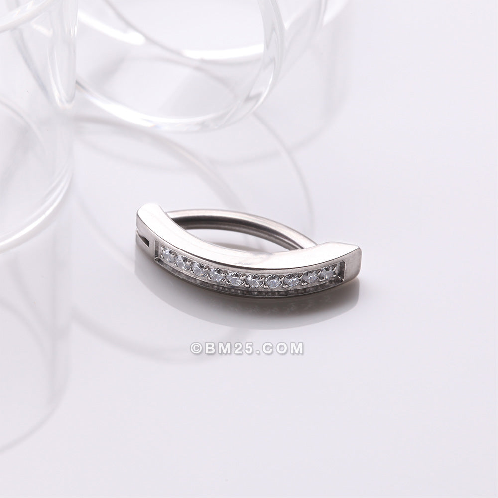 Detail View 2 of Implant Grade Titanium Sparkle Gem Lined Minimalist Curved Bar Belly Clicker-Clear Gem