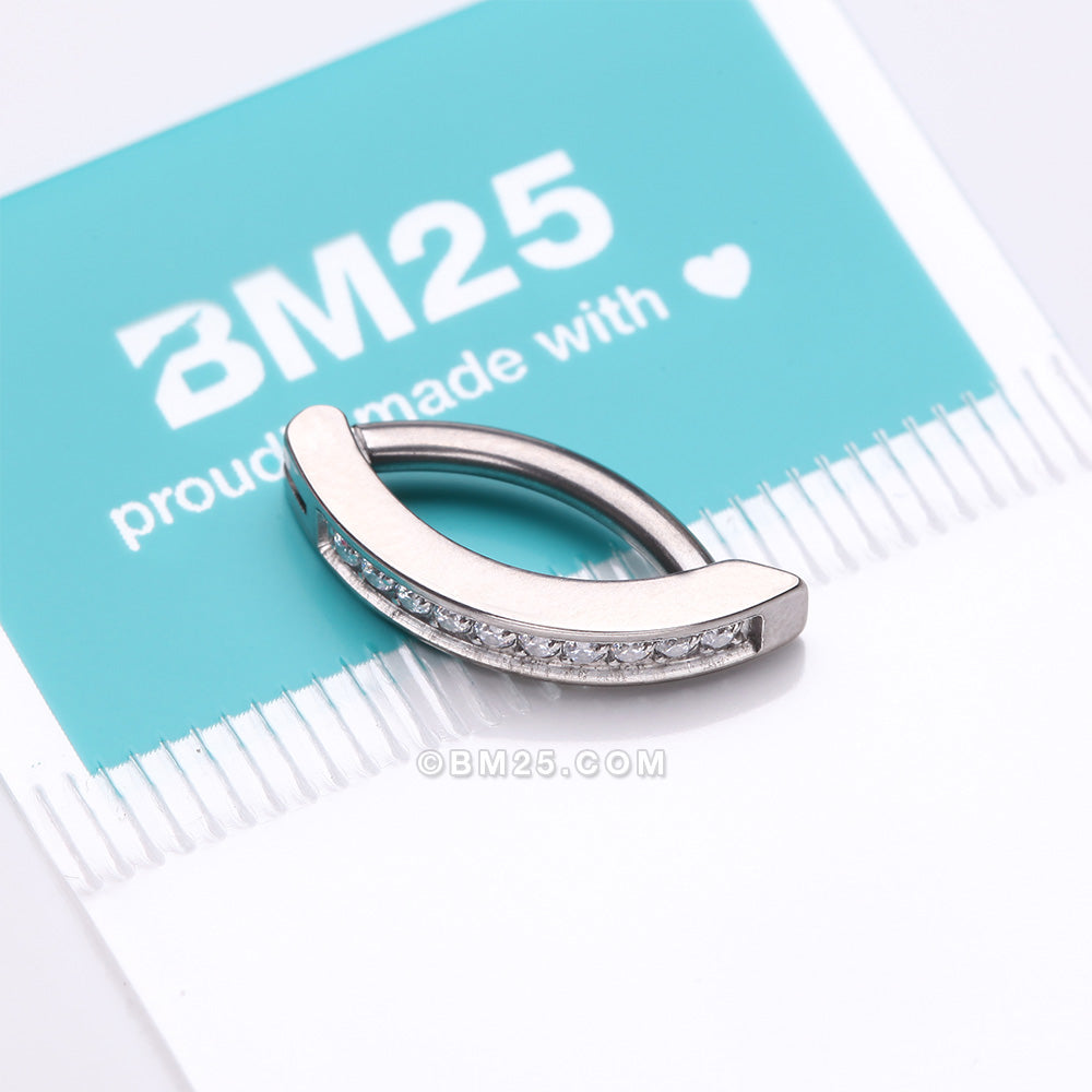 Detail View 4 of Implant Grade Titanium Sparkle Gem Lined Minimalist Curved Bar Belly Clicker-Clear Gem