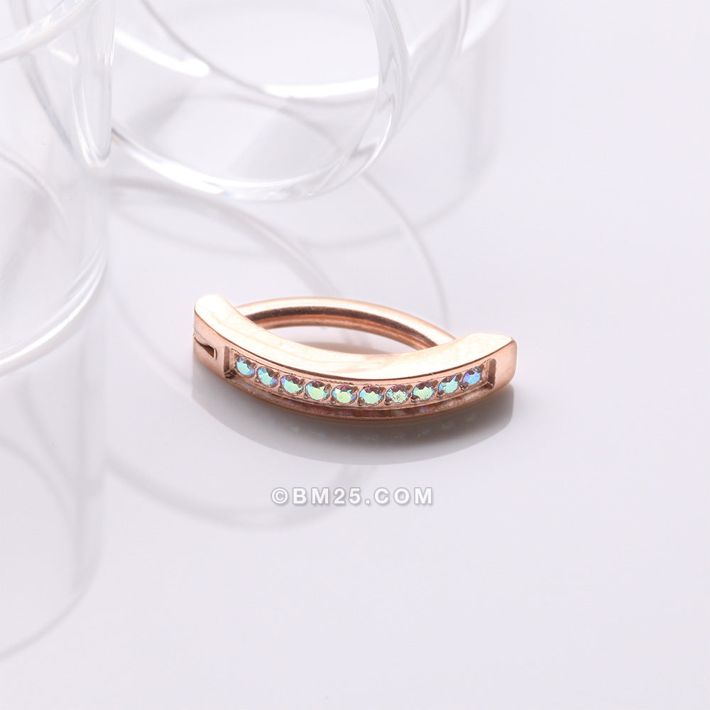 Detail View 2 of Implant Grade Titanium Rose Gold Sparkle Gem Lined Minimalist Curved Bar Belly Clicker-Aurora Borealis