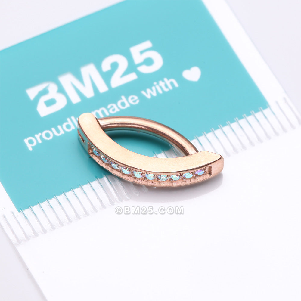 Detail View 4 of Implant Grade Titanium Rose Gold Sparkle Gem Lined Minimalist Curved Bar Belly Clicker-Aurora Borealis