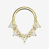 Golden Royal Heart Filigree Sparkle Bendable Hoop Ring-Clear Gem