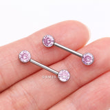 Detail View 2 of A Pair of Implant Grade Titanium Bezel Set Sparkle Internally Threaded Nipple Barbell-Pink