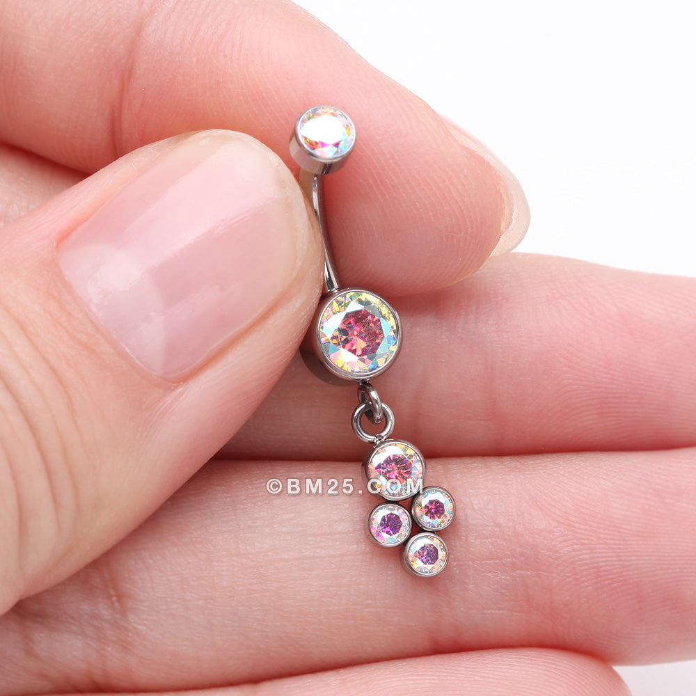 Detail View 3 of Implant Grade Titanium Sparkle Dangle Cluster Internally Threaded Belly Ring-Aurora Borealis