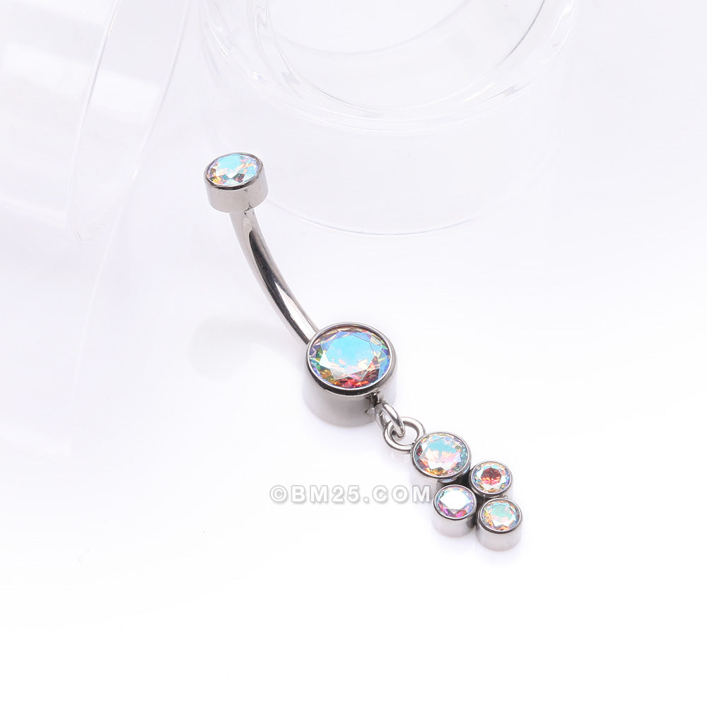 Detail View 2 of Implant Grade Titanium Sparkle Dangle Cluster Internally Threaded Belly Ring-Aurora Borealis