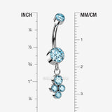 Detail View 1 of Implant Grade Titanium Sparkle Dangle Cluster Internally Threaded Belly Ring-Aqua