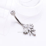 Detail View 2 of Implant Grade Titanium Marquise Leaflet Sparkle Internally Threaded Belly Ring-Clear Gem