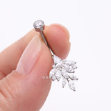 Detail View 3 of Implant Grade Titanium Marquise Leaflet Sparkle Internally Threaded Belly Ring-Clear Gem