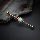 Detail View 1 of Golden Victorian Filigree Heart Sparkle Industrial Barbell-Turquoise/Fuchsia