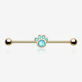 Golden Adorable Paw Print Opalescent Sparkle Industrial Barbell-Teal