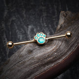 Detail View 1 of Golden Adorable Paw Print Opalescent Sparkle Industrial Barbell-Teal