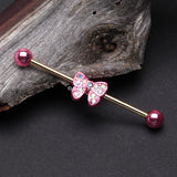 Detail View 1 of Golden Dainty Pink Bow-Tie Sparkle Industrial Barbell-Pink/Aurora Borealis/Aqua
