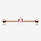Rose Gold Tiara Crown Sparkle Industrial Barbell-Clear Gem/Fuchsia