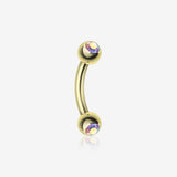 Gold Plated Double Gem Ball Curved Barbell Eyebrow Ring-Aurora Borealis