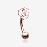 Rose Gold White Rose Blossom Sparkle Curved Barbell Ring-White/Clear