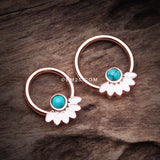 Detail View 1 of Rose Gold Tribal Turquoise Floral Elegance Steel Captive Bead Ring-White/Turquoise