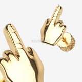 Detail View 1 of A Pair of Golden Middle FU Finger Steel Fake Plug Earring-Gold