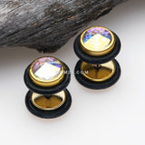 Detail View 1 of Golden Faceted Crystalline Faux Gauge Plug Earring-Aurora Borealis