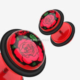 Detail View 1 of A Pair of Rose Bloom Acrylic Faux Gauge Plug Earring-Red