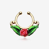 Golden Rose Blossom Filigree Fake Septum Clip-On Ring-Green/Red
