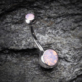 Detail View 2 of Opalite Double Gem Ball Steel Belly Button Ring-Rose Water