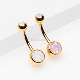 Detail View 3 of Golden Opalite Double Gem Ball Steel Belly Button Ring-White