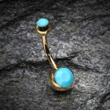 Detail View 3 of Golden Turquoise Double Gem Ball Steel Belly Button Ring-Turquoise