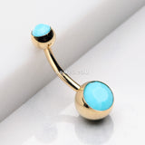 Detail View 2 of Golden Turquoise Double Gem Ball Steel Belly Button Ring-Turquoise