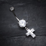 Detail View 2 of Cross on Cross Sparkle Belly Ring-Clear Gem